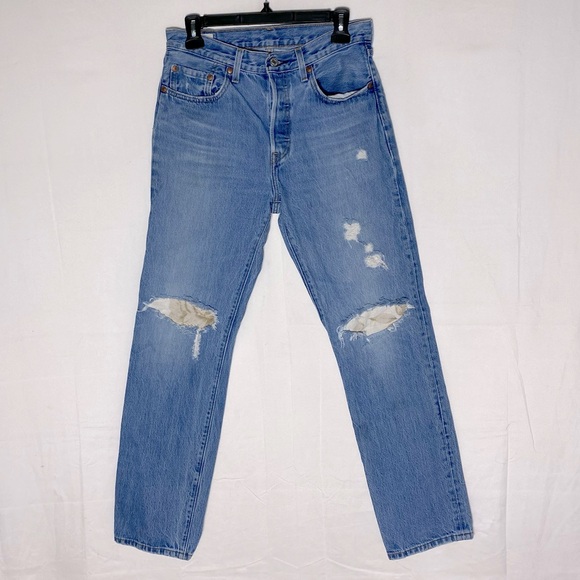 Levi's Denim - Levi’s 501 Light Wash Distressed DIY Patched Relaxed Straight Leg Jeans 27
